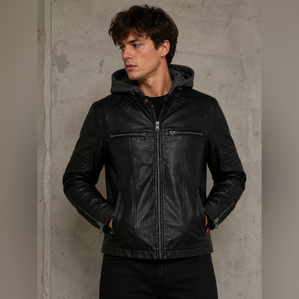 Levi's faux leather hooded moto racer jacket